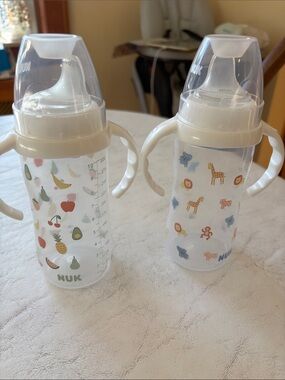 NUK New, Never Used White Sippy Bottle with Handles - Fruit & Safari Prints